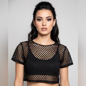 Bloom+Pop Black Cropped Mesh Short Sleeve Top Size S/M Sheer Layering Rave Goth